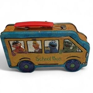 Vintage Sesame Workshop School Bus Lunch Box Kids OS Yellow Good 2002 Elmo Tin